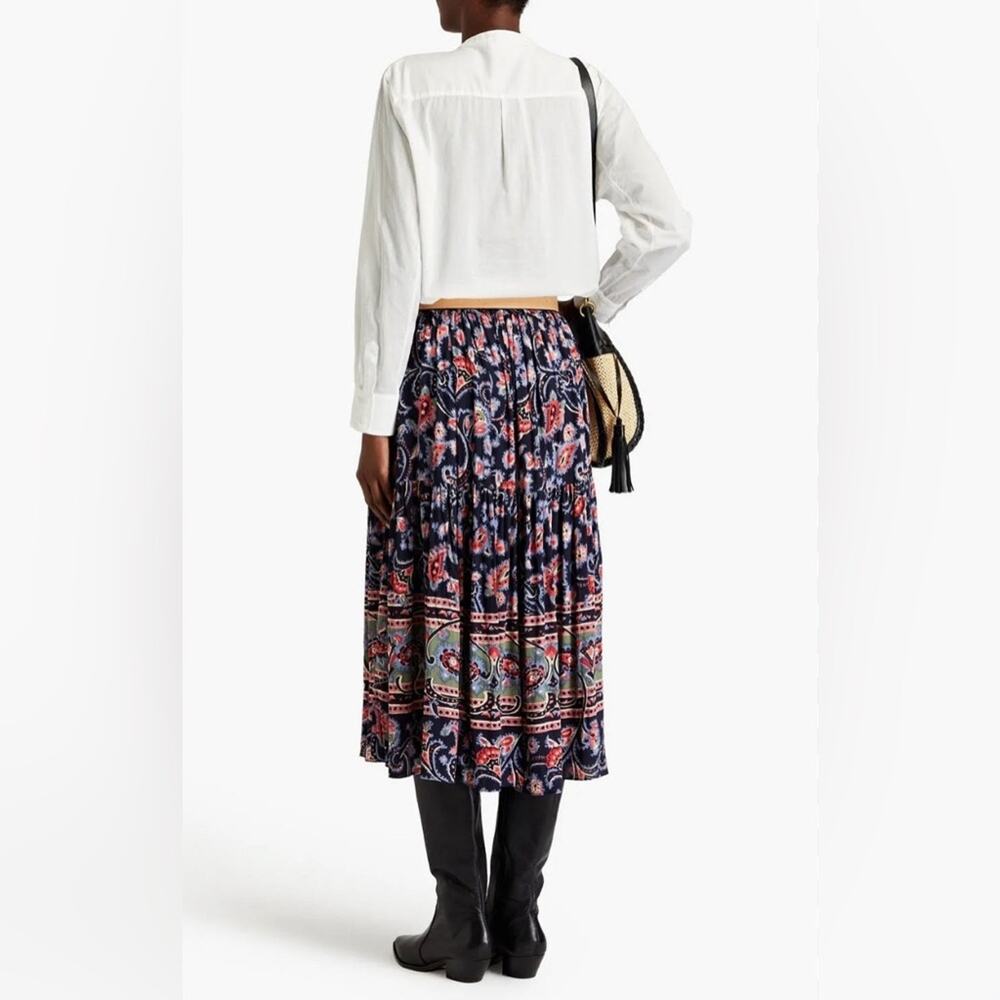 NWT BA&SH Bohemian Niels Gathered Paisley-Print Crepe Blue Midi Skirt Size L - Picture 2 of 13